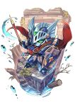  blue_eyes branch cape colored_sclera green_sclera gundam haguma_karasu holding holding_shield holding_sword holding_weapon knight_gundam looking_to_the_side mecha no_humans red_cape redesign sd_gundam sd_gundam_gaiden shield solo sword water weapon 
