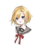  1girl abukuma_(kancolle) alternate_hair_length alternate_hairstyle bangs blonde_hair blue_eyes commentary_request ears eyebrows kamisuiori kantai_collection neck_ribbon open_mouth parted_bangs portrait ribbon sailor_collar short_hair smile white_background 