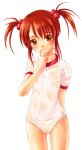  1girl akamaru blush child coquelicot flat_chest no_pants panties red_eyes red_hair sakura_taisen sakura_taisen_iii school_uniform see-through short_twintails solo twintails underwear white_panties 