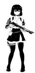  1girl absurdres breasts cleavage formicid gloves gun highres holding holding_gun holding_weapon knife knife_holster large_breasts monochrome original pouch shotgun skirt solo thighhighs weapon 