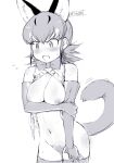  1girl animal_ear_fluff animal_ears arm_under_breasts bangs bare_shoulders blush bottomless bow bowtie breasts caracal_(kemono_friends) caracal_ears caracal_tail center_frills commentary_request cowboy_shot elbow_gloves female_pubic_hair frills gloves greyscale highres kemono_friends large_breasts masuyama_ryou monochrome navel nipples nose_blush open_clothes open_mouth open_shirt pubic_hair simple_background solo sweat tail thighhighs white_background 