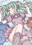 1girl arms_at_sides artist_name bangs bed bed_sheet blunt_bangs blush breasts center_frills dot_nose eyebrows_visible_through_hair eyelashes feet_out_of_frame frills from_below furrowed_brow futaba_sana green_eyes green_hair grey_legwear half-closed_eyes hand_rest head_tilt high_collar knee_up layered_sleeves legwear_removed long_eyelashes long_sleeves looking_at_viewer loose_thighhigh lying magia_record:_mahou_shoujo_madoka_magica_gaiden mahou_shoujo_madoka_magica messy_hair mizuna_girls&#039;_academy_uniform neck_ribbon on_back on_bed parted_lips pillow pleated_skirt purple_ribbon purple_skirt ribbon school_uniform scrunchie short_over_long_sleeves short_sleeves shy sidelocks skirt small_breasts solo studiozombie stuffed_animal stuffed_bunny stuffed_toy teddy_bear thighhighs thighs twintails underboob wavy_hair yellow_scrunchie zettai_ryouiki 