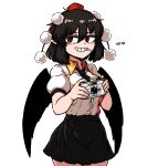  1girl black_hair black_skirt black_wings breasts brown_hair camera cigarette formicid hat holding holding_camera necktie pointy_ears pom_pom_(clothes) red_eyes shameimaru_aya shirt skirt smile solo tokin_hat touhou white_shirt wings 