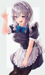  1girl absurdres apron black_dress blue_bow blue_neckwear bow bowtie braid dress highres izayoi_sakuya maid maid_apron maid_headdress puffy_short_sleeves puffy_sleeves short_sleeves silver_eyes silver_hair smile tabey0u touhou twin_braids 