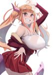  1girl ahoge breasts commentary dragon_girl dragon_horns dragon_tail grin highres hololive horns kiryu_coco large_breasts long_hair looking_at_viewer off_shoulder orange_hair pleated_skirt pointy_ears red_eyes red_skirt sho-n-d skirt smile solo tail virtual_youtuber 