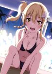  1girl :d arm_between_legs bangs bare_arms bare_legs bare_shoulders bikini black_bikini blonde_hair blurry blurry_background blush braid breasts cleavage collarbone eyebrows_visible_through_hair flower hair_between_eyes hair_flower hair_ornament halterneck highres jewelry lily_(flower) looking_at_viewer love_live! love_live!_nijigasaki_high_school_idol_club medium_breasts miyashita_ai navel necklace open_mouth palm_tree reno_0901 side_ponytail sidelocks sitting smile solo swimsuit tree upper_teeth white_flower yellow_eyes 