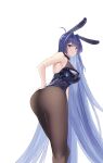  1girl 24kchunshuai absurdres animal_ears ass azur_lane black_legwear blue_eyes blue_hair blue_leotard blush breasts bunny_ears chinese_commentary closed_mouth cowboy_shot eyebrows_visible_through_hair fake_animal_ears from_behind highres large_breasts leaning_forward leotard long_hair looking_at_viewer looking_back new_jersey_(azur_lane) new_jersey_(exhilarating_steps!)_(azur_lane) official_alternate_costume pantyhose playboy_bunny simple_background sleeveless smile solo straight_hair very_long_hair white_background 