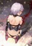  1girl absurdres ass bandaged_arm bandages bare_back bare_shoulders black_legwear black_panties blood eredhen fate/apocrypha fate/grand_order fate_(series) from_behind green_eyes grey_hair highres jack_the_ripper_(fate/apocrypha) looking_at_viewer looking_back lowleg lowleg_panties panties scar scar_across_eye scar_on_cheek scar_on_face short_hair shoulder_tattoo silver_hair sitting tattoo thighhighs underwear 