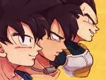  3boys armor black_eyes black_hair blue_bodysuit bodysuit broly_(dragon_ball_super) close-up closed_mouth collar collarbone cropped_shoulders dragon_ball dragon_ball_super dragon_ball_super_broly dragon_ball_z expressionless face facing_away from_side frown grin highres lineup looking_afar male_focus metal_collar multiple_boys parted_lips profile simple_background smile son_goku spiked_hair tkgsize vegeta yellow_background 