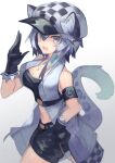  1girl :d animal_ear_fluff animal_ears arknights armband bangs bare_shoulders black_bandeau black_gloves black_shorts breasts cabbie_hat checkered checkered_headwear cleavage cliffheart_(arknights) collarbone commentary_request cowboy_shot feet_out_of_frame gloves grey_eyes groin hair_between_eyes hair_ribbon hand_on_hip hand_up hat highres jacket jewelry leopard_ears leopard_tail looking_at_viewer medium_breasts midriff multicolored_hair navel necklace open_clothes open_jacket open_mouth ribbon sasa_onigiri short_hair short_shorts shorts sidelocks simple_background sleeveless sleeveless_jacket smile solo standing tail tress_ribbon white_background 