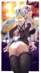 1girl absurdres animal_ears ass bangs black_hair black_legwear black_shirt blurry blurry_background breasts bunny_ears bunny_tail commentary_request detached_sleeves earrings fake_animal_ears from_behind garter_straps hair_ornament heart heart_hair_ornament highres jewelry kyoro_ina long_hair long_sleeves looking_at_viewer looking_back medium_breasts multicolored_hair original panties parted_lips ponytail red_eyes shirt signature silver_hair solo standing strap_pull streaked_hair tail thighhighs thighs underwear white_panties 