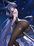  1girl absurdres ahoge anchor_symbol animal_ears arm_strap artist_name ass azur_lane between_breasts between_legs black_legwear blue_eyes blue_hair blue_leotard blush breasts bunny_ears chinese_commentary cowboy_shot eyebrows_visible_through_hair fake_animal_ears from_below hair_between_eyes highres large_breasts leotard light_rays long_hair looking_at_viewer new_jersey_(azur_lane) new_jersey_(exhilarating_steps!)_(azur_lane) official_alternate_costume open_mouth pantyhose playboy_bunny signature smile solo stage_lights stripper_pole thighs torn_clothes torn_legwear very_long_hair wrist_cuffs yuuri_vv 