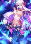  1girl demon_girl earrings fate/grand_order fate_(series) flower hair_ribbon high_heels highres jewelry kama_(fate) long_hair looking_at_viewer lotus navel revealing_clothes ribbon ryairyai very_long_hair 