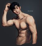  1boy abs arm_up biceps black_background black_hair cropped_torso highres muscular muscular_male nipples original pectorals rinotuna shirtless short_hair simple_background solo veiny_arms 