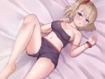  1girl :o azur_lane azur_lane:_slow_ahead bangs bare_shoulders bed_sheet black_camisole black_shorts blue_eyes blush bracelet breasts camisole cleavage collarbone commentary covered_nipples cowboy_shot crop_top eyebrows_behind_hair hair_between_eyes hair_ornament hair_scrunchie indoors jewelry large_breasts light_brown_hair looking_at_viewer loungewear lying midriff navel official_alternate_costume on_back one_side_up open_mouth red_scrunchie scrunchie short_hair short_shorts shorts sidelocks sigeranai solo strap_slip wrist_scrunchie z23_(azur_lane) 