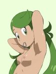  1girl adjusting_hair areolae armpits arms_behind_head bangs breasts closed_mouth eyelashes from_side green_background green_eyes green_hair hair_tie hair_tie_in_mouth highres long_hair looking_down mallow_(pokemon) meronshiroppu mouth_hold nipples nude pokemon pokemon_(game) pokemon_sm shiny shiny_skin simple_background solo swept_bangs symbol_commentary trial_captain twintails upper_body 