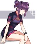  1girl alternate_costume arknights bead_bracelet beads black_dress bracelet china_dress chinese_clothes chinese_commentary demon_horns double_bun dress eyebrows_visible_through_hair feet_out_of_frame highres horns jewelry lava_(arknights) looking_at_viewer mabing purple_eyes purple_hair shadow short_hair_with_long_locks sitting solo 