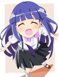  1girl blue_hair blush closed_eyes furude_rika higurashi_no_naku_koro_ni long_hair open_mouth seryu_oekaki shirt shoes simple_background skirt smile white_legwear white_shirt 