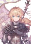  1girl absurdres armor armored_dress bangs blonde_hair blue_eyes braid breasts capelet chain closed_mouth fate/apocrypha fate/grand_order fate_(series) flag fur_trim gauntlets headpiece helmet highres holding jeanne_d&#039;arc_(fate) jeanne_d&#039;arc_(fate)_(all) long_braid long_hair looking_at_viewer medium_breasts saitou_masatsugu scan shiny shiny_hair single_braid solo tied_hair upper_body very_long_hair white_background 