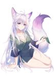  1girl absurdres animal_ear_fluff animal_ears antenna_hair bangs bare_legs breasts cleavage collarbone dumpling extra_ears food fox_ears fox_girl fox_tail hair_between_eyes highres holding holding_food japanese_clothes kimono kirby_d_a long_hair looking_at_viewer no_panties original purple_eyes purple_hair see-through_sleeves short_kimono smile solo tail thigh_gap very_long_hair white_background 