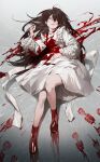  1girl absurdres bangs blood blood_on_clothes blood_on_dress blood_on_face blood_stain brown_eyes brown_hair dress footprints full_body highres long_hair long_sleeves lying nea_(nongta2002) on_back original red_footwear shoes solo tongue tongue_out white_dress 