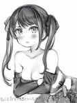  1girl bare_shoulders blush bow breasts character_request check_character cleavage covering covering_breasts crossed_arms greyscale hair_bow highres hololive looking_at_viewer medium_breasts monochrome nanashi_(nlo) official_alternate_hairstyle oozora_subaru parted_lips simple_background twintails white_background 