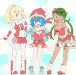  3girls :d ;d absurdres alternate_costume bangs belt belt_buckle blue_eyes blue_hair blush boots bracelet buckle christmas closed_mouth collarbone commentary_request detached_sleeves disconnected_mouth dress eyelashes flower gloves green_eyes green_hair hair_flower hair_ornament hairband hand_up hat highres holding holding_sack jewelry knees lana_(pokemon) lillie_(pokemon) long_hair looking_at_viewer mallow_(pokemon) midriff multiple_girls nagitaro navel no_sclera off-shoulder_dress off_shoulder one_eye_closed open_mouth pigeon-toed pink_flower pokemon pokemon_(game) pokemon_sm red_dress red_footwear red_gloves red_headwear red_shorts sack santa_hat short_hair shorts smile standing swept_bangs toeless_footwear tongue twintails two-tone_footwear upper_teeth white_footwear x_hair_ornament yellow_hairband 