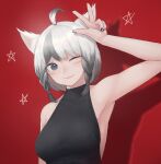  1girl ahoge animal_ears arm_up bangs blush braid breasts cat_ears facial_mark final_fantasy final_fantasy_xiv grey_eyes grey_hair halter_top halterneck looking_at_viewer medium_breasts mihato_senba miqo&#039;te one_eye_closed red_background short_hair sleeveless slit_pupils solo twin_braids v whisker_markings 