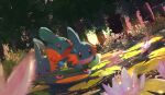  afloat blurry blurry_foreground closed_mouth commentary_request creature gen_3_pokemon highres lily_pad looking_down lotad mudkip no_humans open_mouth outdoors pn_(ltpn_257) pokemon pokemon_(creature) riding riding_pokemon starter_pokemon tongue tree water 