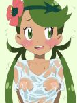  1girl bangs blush breasts collarbone covered_nipples eyelashes flower flying_sweatdrops green_eyes green_hair hair_flower hair_ornament long_hair looking_away mallow_(pokemon) meronshiroppu open_mouth pink_flower pokemon pokemon_(game) pokemon_sm raised_eyebrows shirt short_sleeves sideways_glance solo swept_bangs symbol_commentary tongue trial_captain twintails upper_body upper_teeth wet wet_clothes wet_shirt white_shirt 