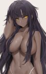  1girl areolae arm_up bangs blue_archive breasts closed_mouth collarbone dark-skinned_female dark_areolae dark_skin eyebrows_visible_through_hair grey_background hair_censor hair_over_breasts hand_in_hair highres karin_(blue_archive) large_breasts linea_alba long_hair looking_at_viewer navel simple_background slit_pupils solo tony_guisado topless unkempt very_long_hair yellow_eyes 