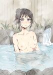  1girl :o absurdres bathing betock blush breasts brown_hair collarbone commentary_request eyebrows_visible_through_hair grass hair_bun highres nipples nude onsen original outdoors partially_submerged purple_eyes rock small_breasts solo steam sweat water waterfall 