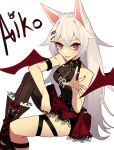  1girl absurdres animal_ears bangs borrowed_character breasts cat_ears cat_girl character_name clenched_hand fangs ghost_(tama) hair_between_eyes highres long_hair open_mouth original purple_eyes red_skirt single_legging skirt small_breasts smile solo thigh_strap white_hair wings 