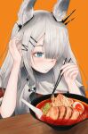  1girl absurdres animal_ears arknights blue_eyes bowl bunny_ears chopsticks commentary_request eating egg egg_yolk food frostnova_(arknights) hair_over_one_eye highres holding holding_chopsticks nikenikeniki1 noodles onion rabbit_girl ramen scar scar_on_face scar_on_nose silver_hair 