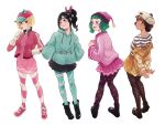  4girls alternate_height baggy_clothes bangs beanie black_footwear black_hair blonde_hair bob_cut boots breasts brown_hair cake_hat candlehead candy candy_hair_ornament cap child crumbelina_di_carmello double_bun dress eating food food-themed_hair_ornament from_behind gloves gold_jacket green_hair green_hoodie hair_ornament hands_in_pockets hat highres hood hoodie jacket licorice_(food) lollipop looking_at_another low_twintails miniskirt multiple_girls pantyhose pink_dress pink_footwear pink_jacket pleated_skirt polka_dot polka_dot_legwear ponytail removing_jacket shinoharatotsuki shirt short_hair skirt smile stitches straight_hair strawberry_hat striped striped_legwear striped_shirt taffyta_muttonfudge twintails vanellope_von_schweetz 