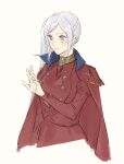  1girl breasts cape dress edelgard_von_hresvelg fire_emblem fire_emblem:_three_houses fire_emblem_heroes highres jewelry long_hair long_sleeves nanao_parakeet purple_eyes ring side_ponytail simple_background solo white_hair 