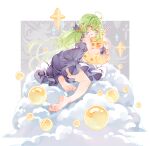  1girl ahoge bare_legs bare_shoulders barefoot bird chick cloud dress green_eyes green_hair hair_ornament heart highres hug long_hair looking_back original pointy_ears soles solo suaynnai_wanzi toes 