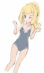  1girl alternate_costume bare_arms blonde_hair blush clenched_hand closed_mouth collarbone commentary_request covered_navel disconnected_mouth eyelashes green_eyes grey_swimsuit hands_up highres lillie_(pokemon) long_hair looking_at_viewer nagitaro one-piece_swimsuit one_eye_closed pokemon pokemon_(anime) pokemon_sm_(anime) ponytail sketch smile solo swimsuit 
