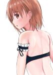  1girl 3535mb armband back bangs blush breasts brown_eyes brown_hair commentary from_behind looking_at_viewer looking_back misaka_mikoto parted_lips short_hair simple_background swimsuit toaru_kagaku_no_railgun toaru_majutsu_no_index upper_body white_background 