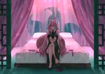  1girl absurdres animal_ear_fluff animal_ears bare_shoulders barefoot bed breasts center_opening china_dress chinese_clothes choker crossed_legs dress fate/grand_order fate_(series) fox_ears fox_tail glasses high_heels highres huge_filesize koyanskaya_(fate) large_breasts long_hair on_bed ootato pillow pink_hair shoe_removed shoes sideboob single_shoe sitting sitting_on_bed solo tail tamamo_(assassin)_(fate) tamamo_(fate)_(all) underboob very_long_hair 