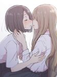  2girls absurdres betock black_hair brown_hair closed_eyes hair_over_eyes hand_on_another&#039;s_arm highres imminent_kiss long_hair multiple_girls original profile school_uniform short_hair sketch yuri 