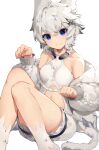  1girl :3 akizone alchemy_stars animal_ears bangs bare_shoulders blue_eyes blush breasts cat_tail collarbone commentary feet_out_of_frame grey_hair grey_jacket highres jacket knees_up long_hair long_sleeves looking_at_viewer medium_breasts navel paw_pose philyshy_(alchemy_stars) puffy_long_sleeves puffy_sleeves shiny shiny_skin short_hair simple_background smile solo tail thighhighs white_background 