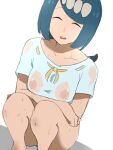 1girl bangs barefoot blue_hair blue_shirt bottomless breasts closed_eyes collarbone commentary_request covered_nipples facing_viewer freckles hair_ornament highres knees lana&#039;s_mother_(pokemon) long_hair mature_female meronshiroppu open_mouth pokemon pokemon_(anime) pokemon_sm_(anime) shirt short_sleeves sketch solo squatting upper_teeth wet wet_clothes wet_shirt 