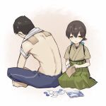  1boy 1girl admiral_(kancolle) bangs black_hair blue_ribbon commentary_request folded_ponytail green_hakama green_kimono hair_ribbon hakama hakama_skirt indian_style japanese_clothes kantai_collection kasuga_maru_(kancolle) kimono long_hair ribbon seiza sitting swept_bangs taiyou_(kancolle) white_background yamashichi_(mtseven) yellow_eyes 