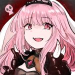  bangs breasts cleavage eyebrows_visible_through_hair highres hololive hololive_english long_hair looking_at_viewer looking_to_the_side mori_calliope pink_eyes pink_hair red_background revanche shoulder_spikes skull spikes tiara twitter_username veil virtual_youtuber 
