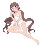  1girl bangs bare_arms bare_legs bare_shoulders barefoot blue_eyes blunt_bangs breasts brown_hair collarbone eyebrows_visible_through_hair full_body highres long_hair looking_at_viewer low_twintails one-piece_swimsuit original saiste school_swimsuit simple_background small_breasts solo swimsuit twintails very_long_hair white_background white_swimsuit 