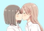  2girls absurdres betock blue_background blush brown_hair closed_eyes collared_shirt commentary_request eyebrows_visible_through_hair highres kiss long_hair multiple_girls original shirt short_hair simple_background upper_body white_shirt yuri 