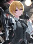  1girl aircraft bangs black_gloves black_neckwear blonde_hair blurry building city depth_of_field dress_shirt eyebrows_visible_through_hair formal gloves gun helicopter highres holding holding_bullet holding_gun holding_weapon idolmaster idolmaster_shiny_colors jacket jacket_on_shoulders junshiki moon necktie pink_eyes saijou_juri shirt short_hair signature smile solo suit vest weapon weapon_request white_shirt 