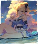  1girl bare_shoulders beach blonde_hair blouse blue_blouse blue_eyes blue_sky bow breasts cloud cloudy_sky flower genshin_impact hair_bow highres jean_(genshin_impact) looking_at_viewer ojo_aa ponytail rose shorts signature sky smile solo water white_shorts wristband 