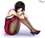  1girl ada_wong black_hair bob_cut breasts brown_eyes brown_hair choker cleavage dress jewelry looking_at_viewer medium_breasts mina_cream pantyhose red_dress resident_evil resident_evil_2 short_hair solo 